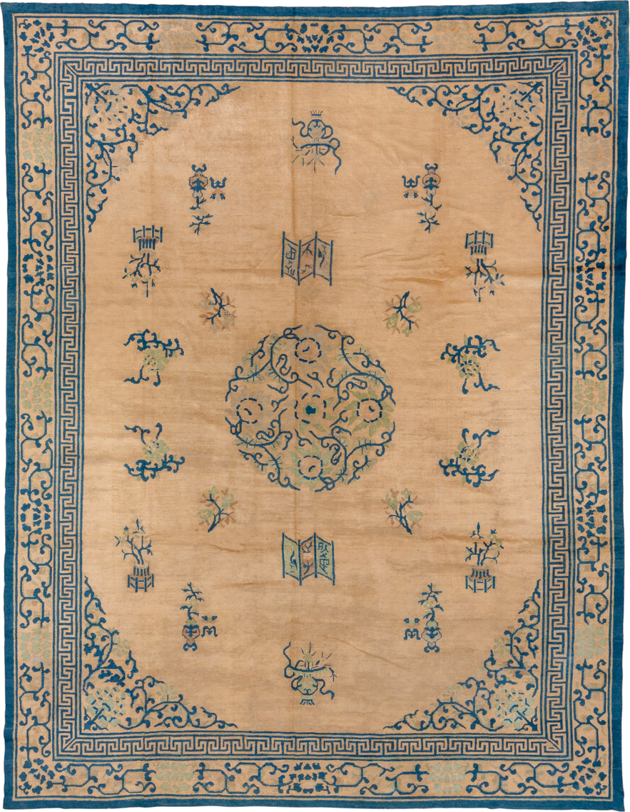 8' x 11' one-of-a-kind handmade antique Chinese large size rug. Color palette: camel, blue, ivory, sage, beige, green