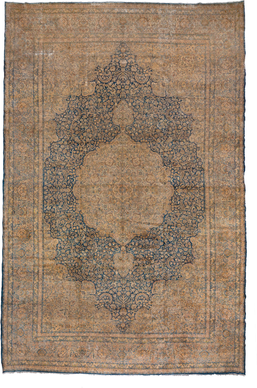 13' x 21' one-of-a-kind handmade antique Kerman oversize rug. Color palette: camel, navy, ivory, taupe, slate, beige, blue