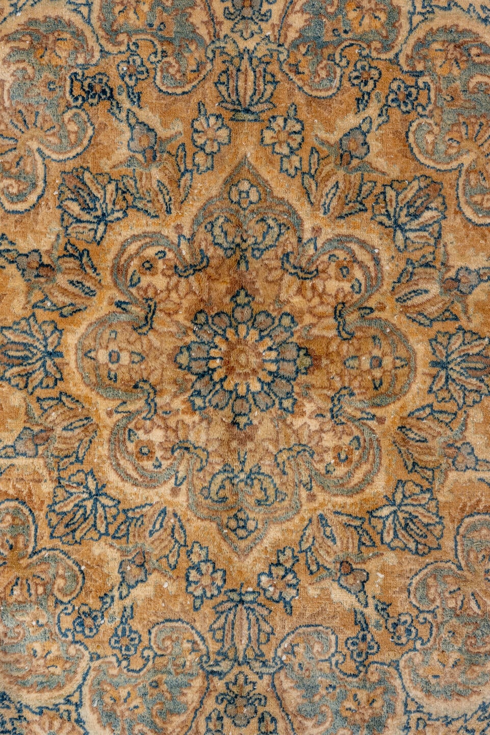 13' x 21' one-of-a-kind handmade antique Kerman oversize rug. Color palette: camel, navy, ivory, taupe, slate, beige, blue