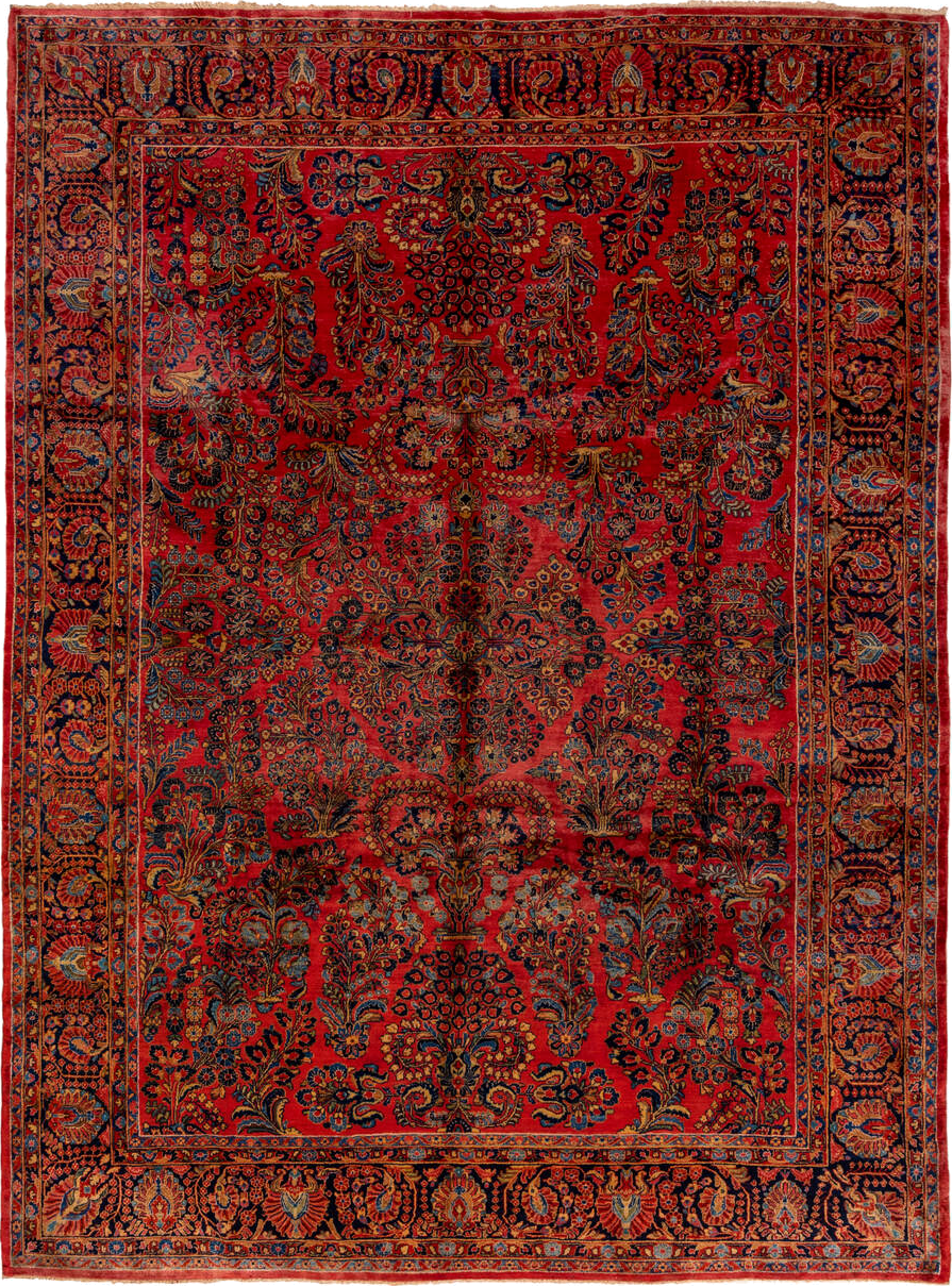 10' x 13' one-of-a-kind handmade antique Sarouk large size rug. Color palette: red, navy, rust, ivory, gold, coral, slate