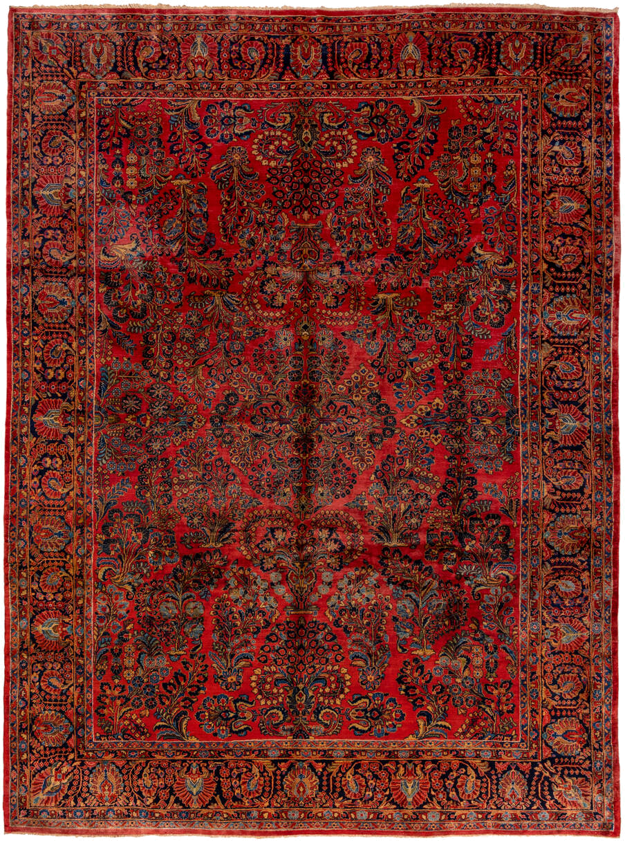 10' x 13' one-of-a-kind handmade antique Sarouk large size rug. Color palette: red, navy, rust, ivory, gold, coral, slate