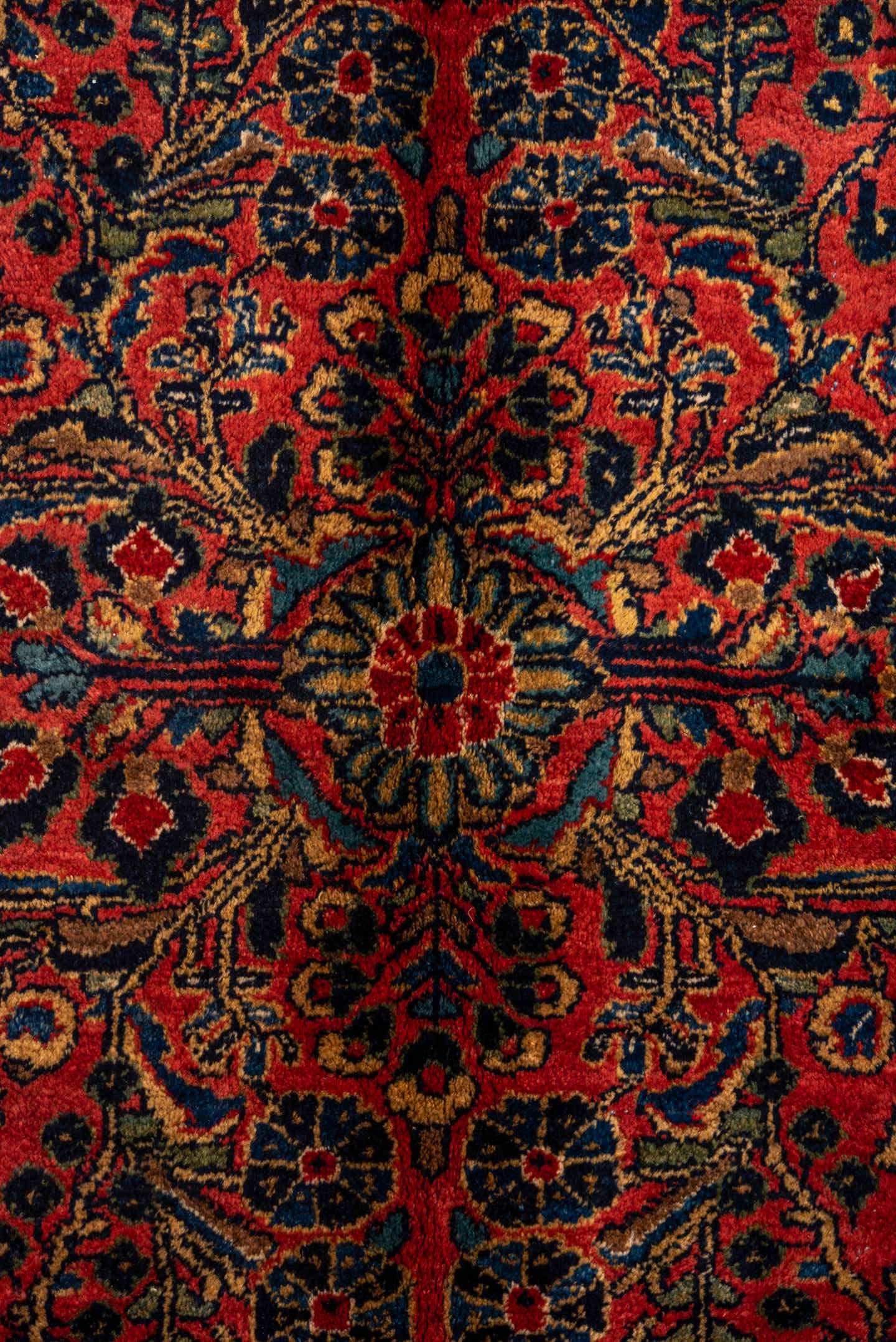 10' x 13' one-of-a-kind handmade antique Sarouk large size rug. Color palette: red, navy, rust, ivory, gold, coral, slate