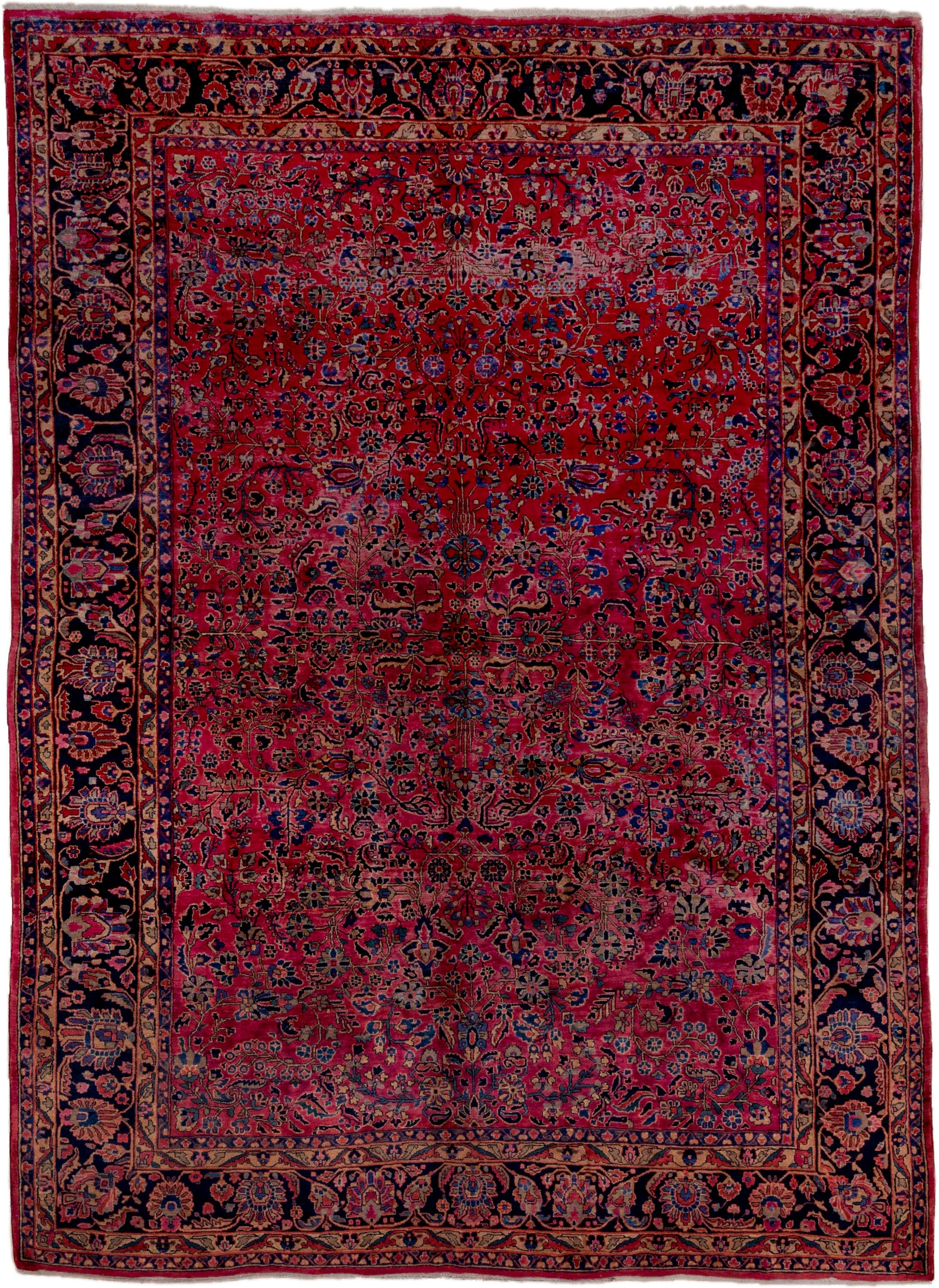 9' x 12' one-of-a-kind handmade antique Sarouk large size rug. Color palette: red, navy, rose, ivory, burgundy, cobalt
