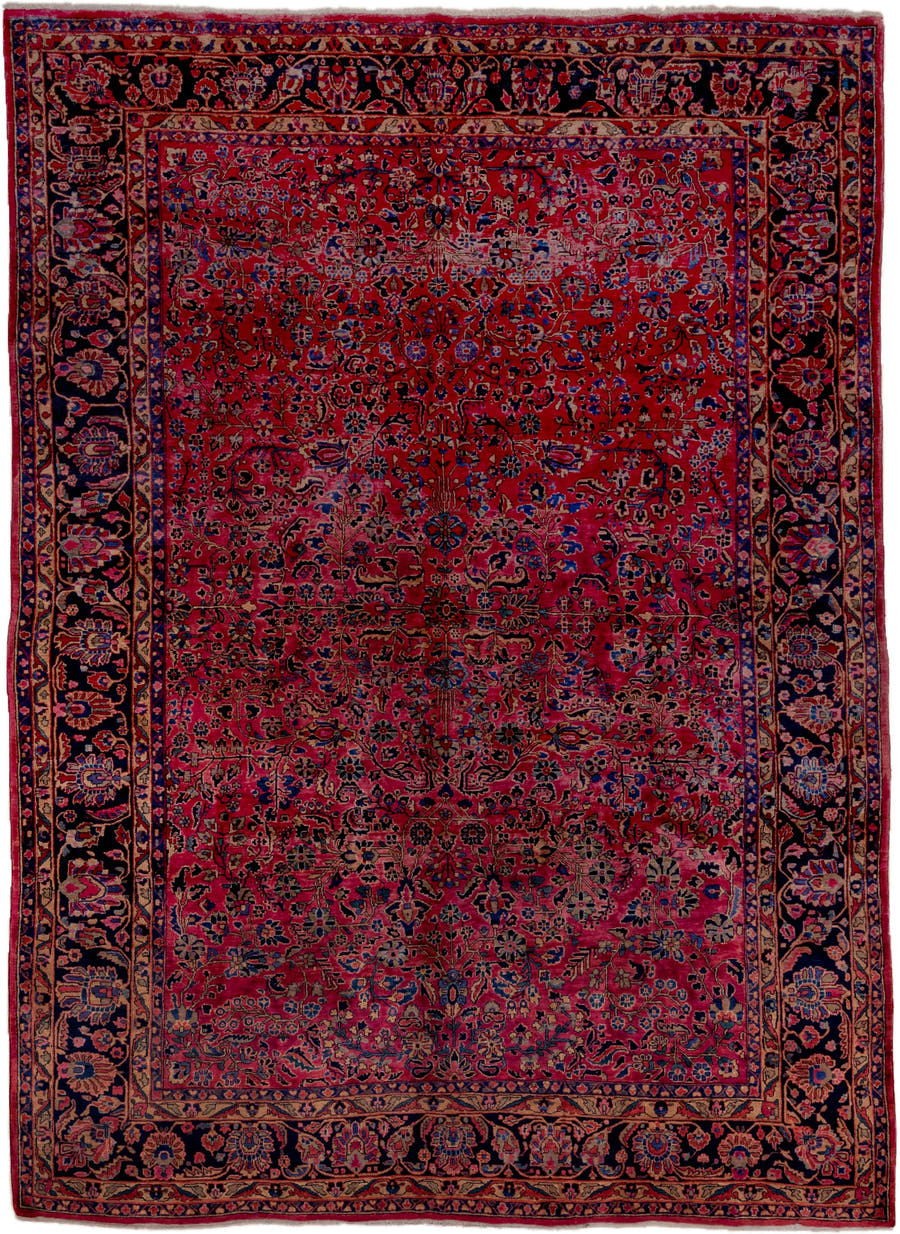 9' x 12' one-of-a-kind handmade antique Sarouk large size rug. Color palette: red, navy, rose, ivory, burgundy, cobalt