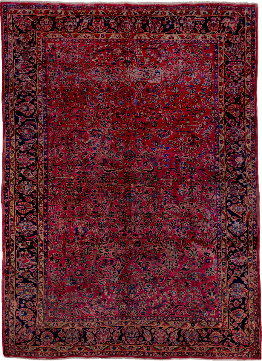 9' x 12' one-of-a-kind handmade antique Sarouk large size rug. Color palette: red, navy, rose, ivory, burgundy, cobalt