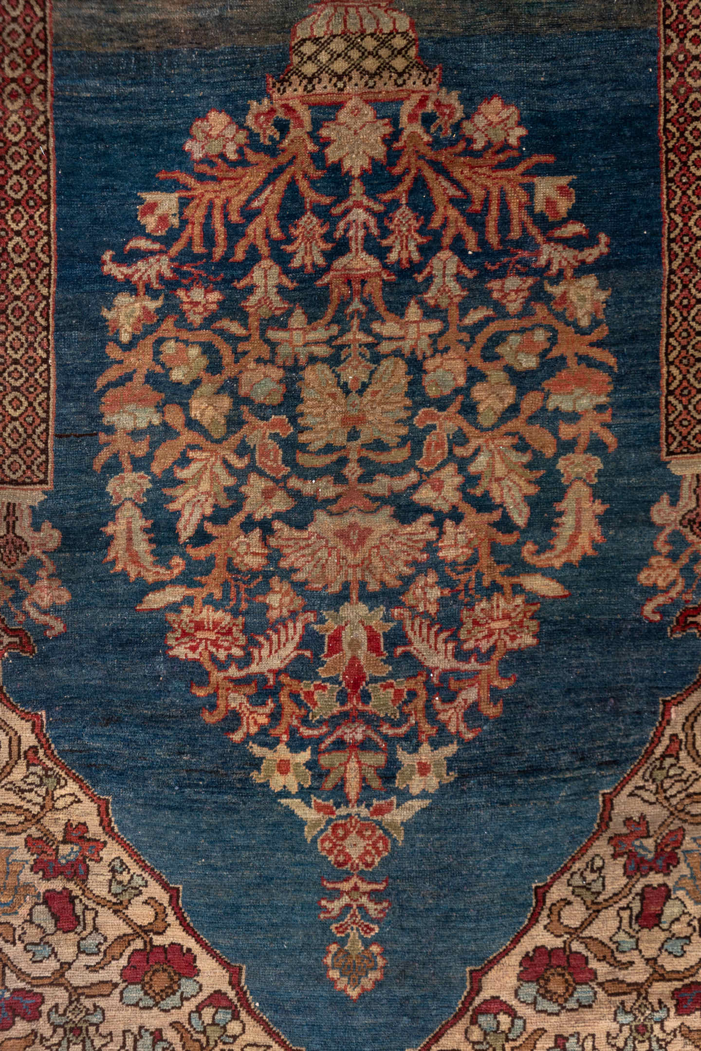 4' x 6' one-of-a-kind handmade antique Kaisary small size rug. Color palette: ivory, navy, rust, camel, rose, brown, slate