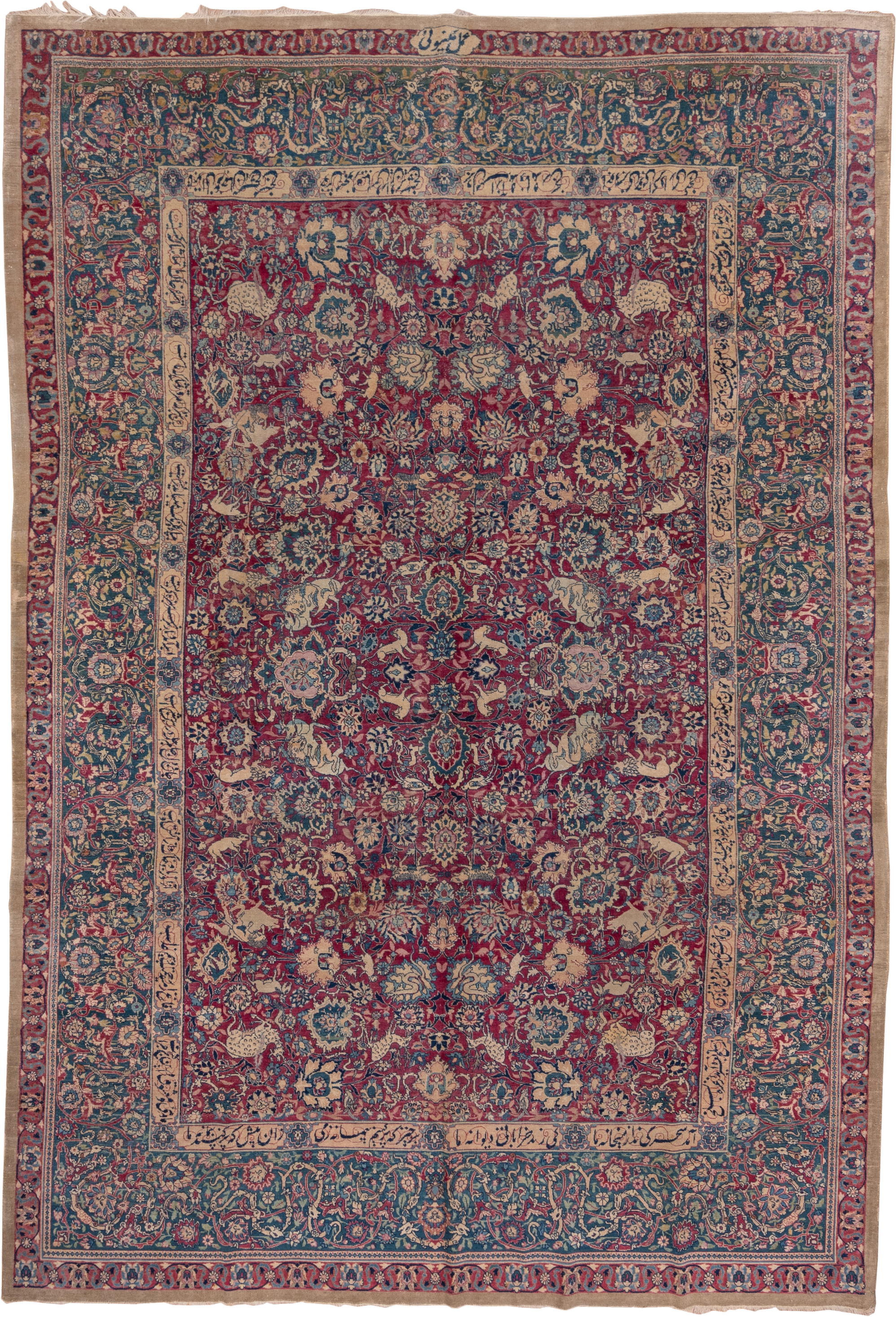 8' x 12' one-of-a-kind handmade antique Tabriz large size rug. Color palette: crimson, navy, ivory, rose, slate, taupe