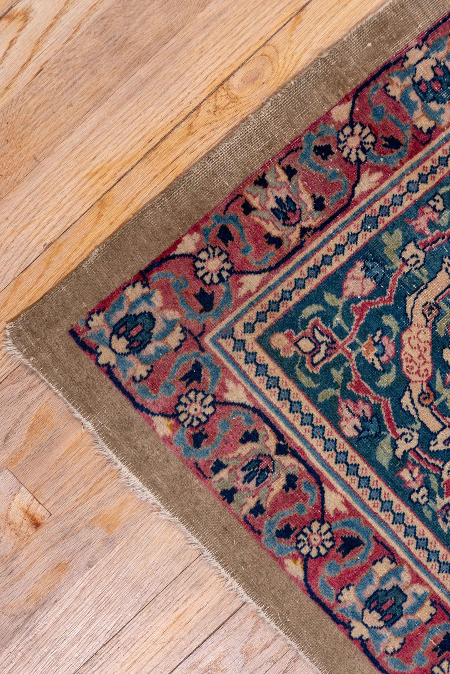8' x 12' one-of-a-kind handmade antique Tabriz large size rug. Color palette: crimson, navy, ivory, rose, slate, taupe