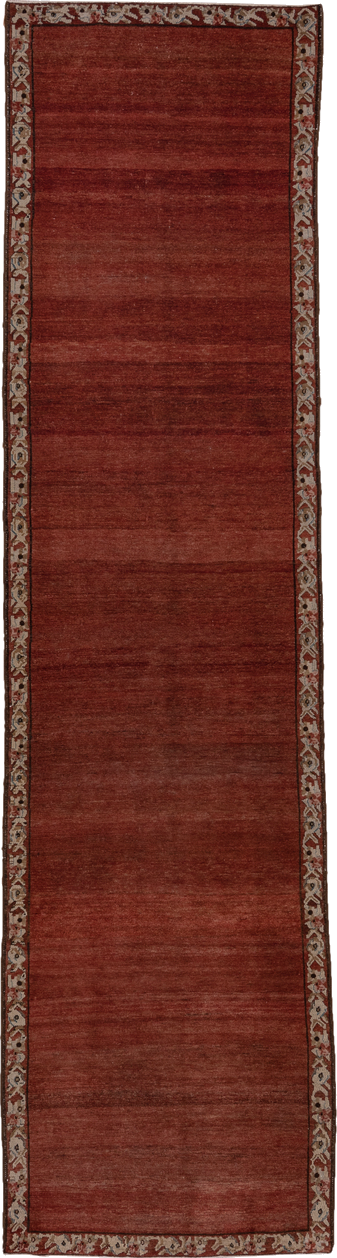 3' x 13' one-of-a-kind handmade vintage Baktiary runner rug. Color palette: brown, off-white, pink, red, snow, white