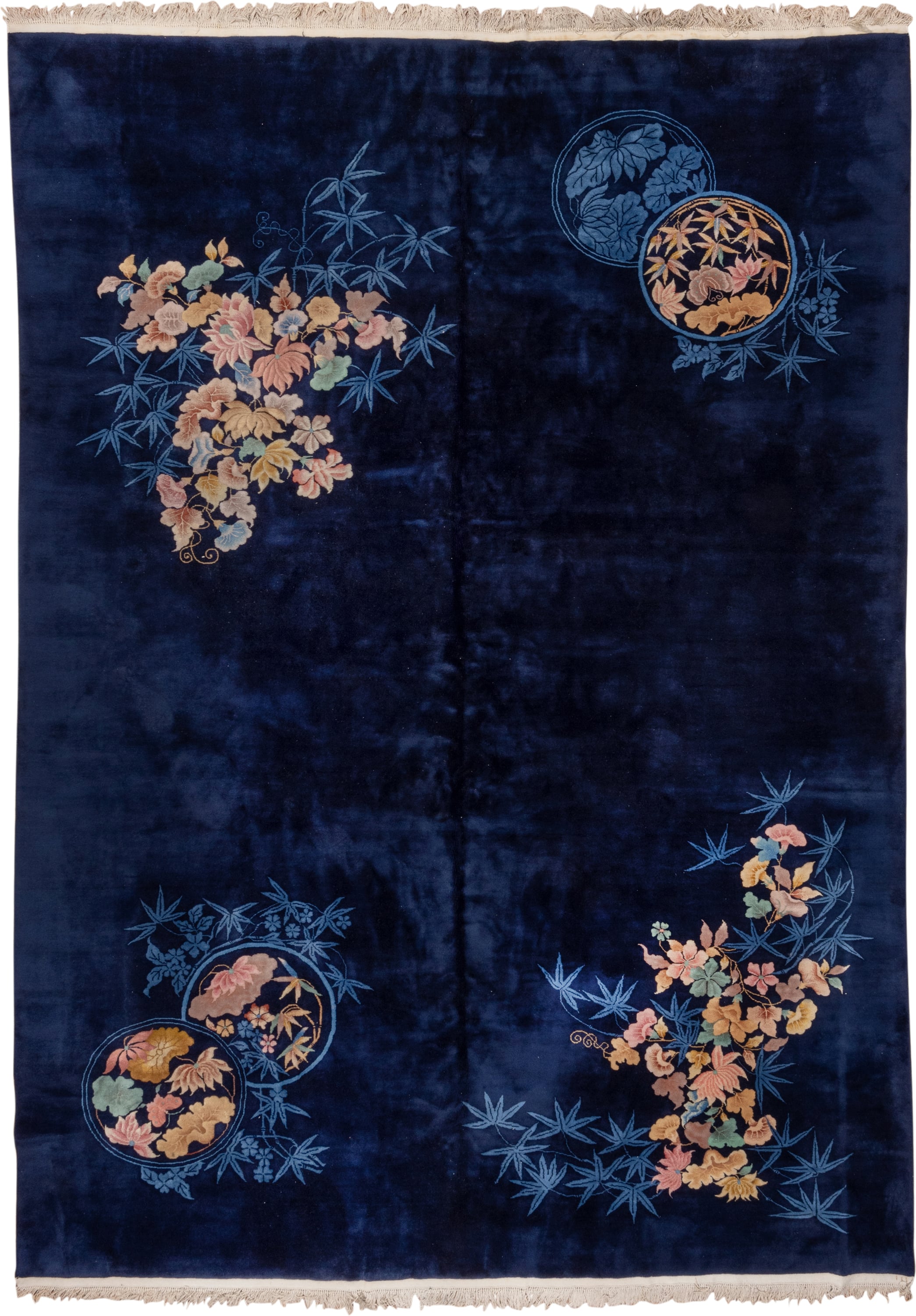 9' x 13' one-of-a-kind handmade vintage Chinese large size rug. Color palette: navy, powder_blue, blush, gold, sage, ivory