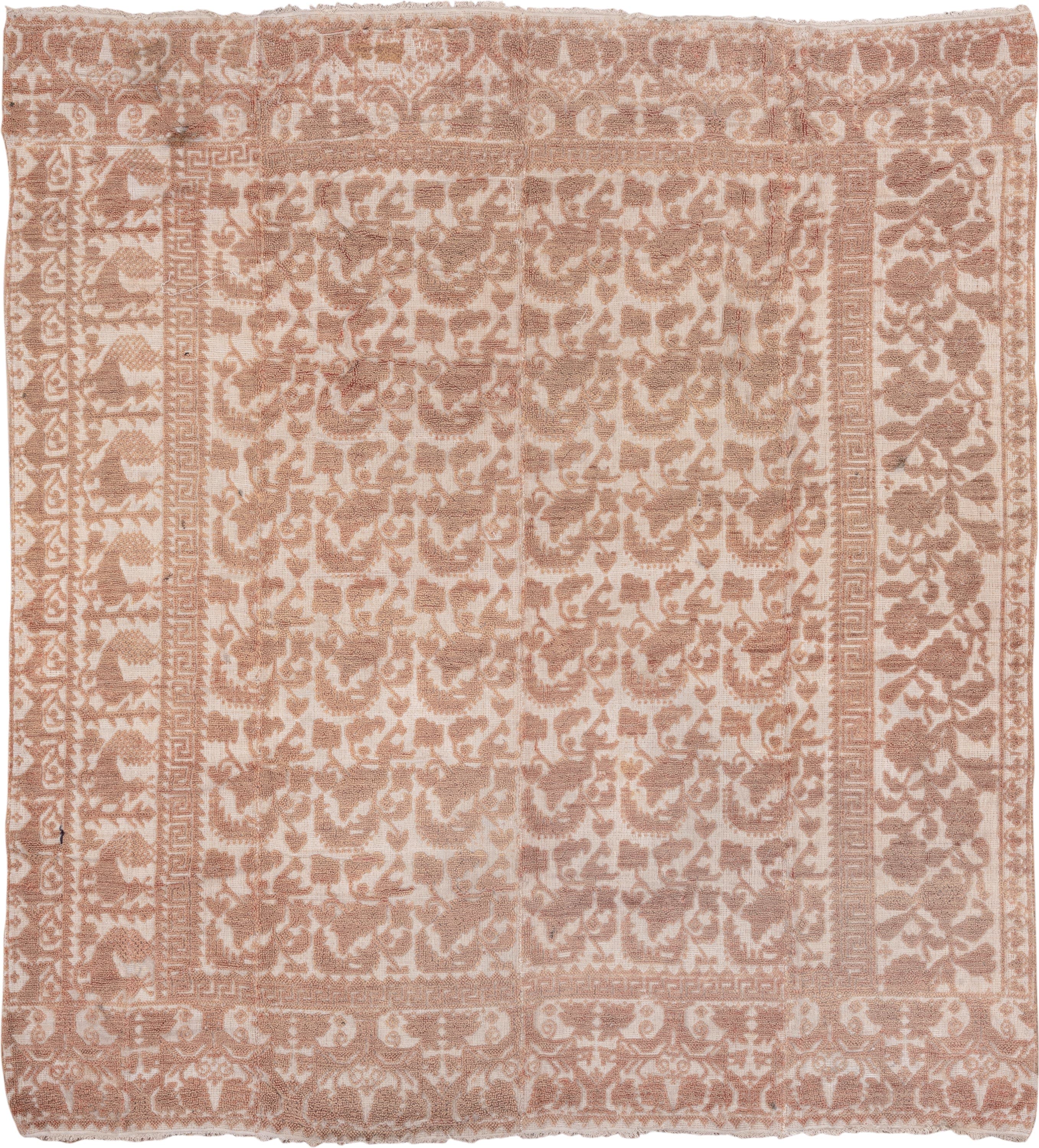 6' x 7' one-of-a-kind handmade antique Spanish rug. Color palette: ivory, rose, taupe, blush, camel, pink, red, beige, gray