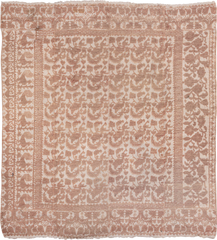 6' x 7' one-of-a-kind handmade antique Spanish rug. Color palette: ivory, rose, taupe, blush, camel, pink, red, beige, gray