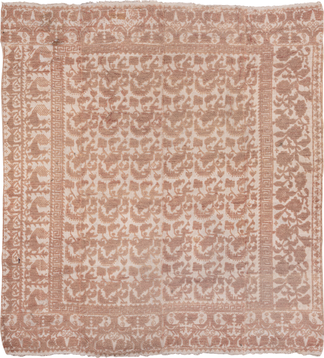 6' x 7' one-of-a-kind handmade antique Spanish rug. Color palette: ivory, rose, taupe, blush, camel, pink, red, beige, gray