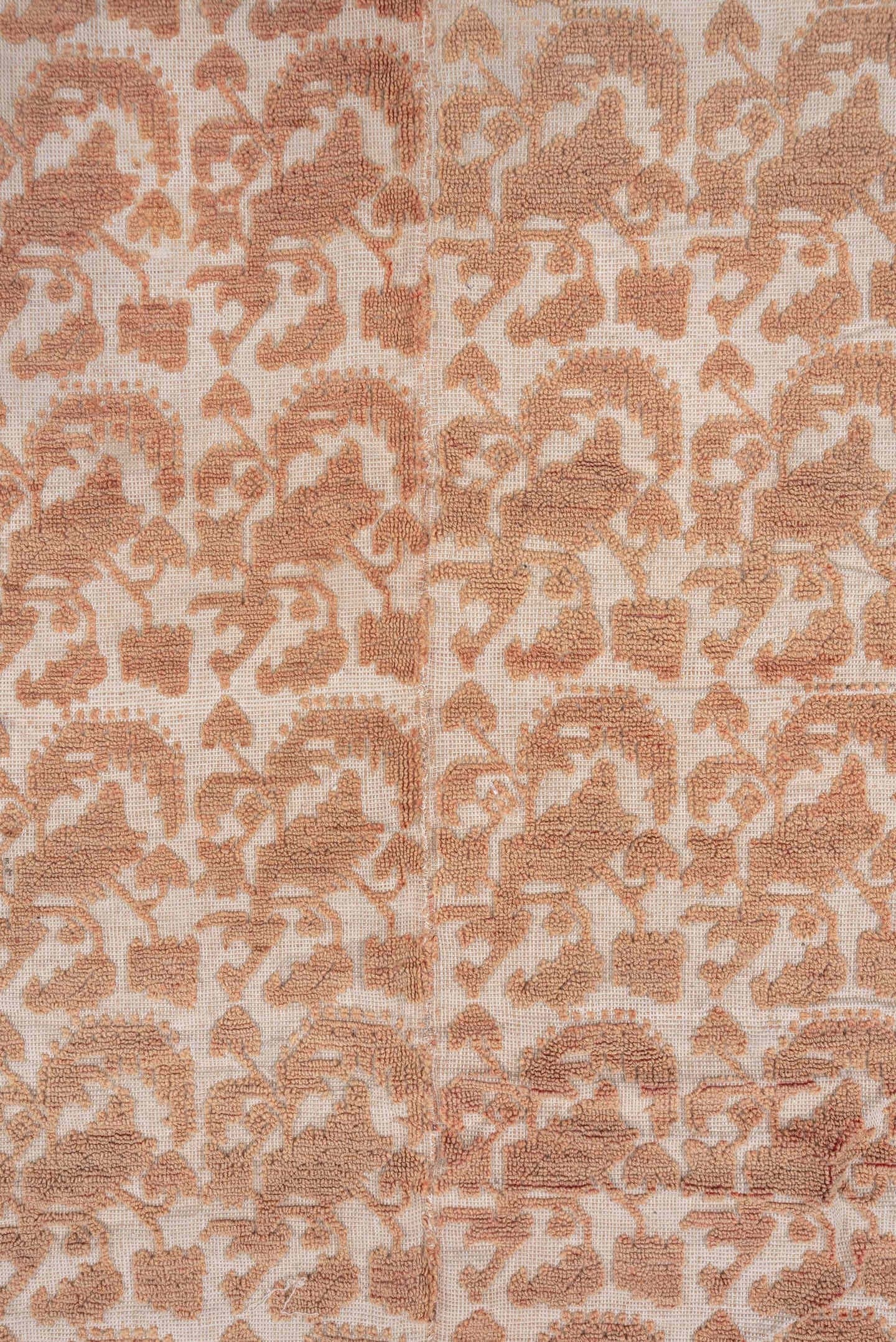 6' x 7' one-of-a-kind handmade antique Spanish rug. Color palette: ivory, rose, taupe, blush, camel, pink, red, beige, gray