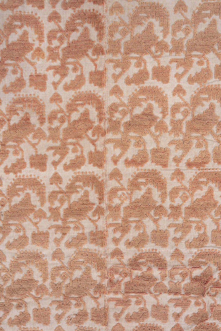 6' x 7' one-of-a-kind handmade antique Spanish rug. Color palette: ivory, rose, taupe, blush, camel, pink, red, beige, gray