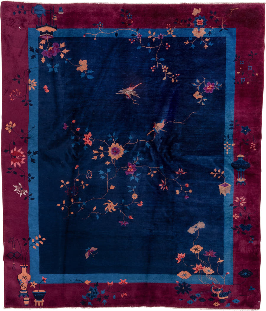 8' x 9' one-of-a-kind handmade antique Chinese rug. Color palette: navy, plum, sky_blue, peach, rose, indigo, ivory, blue