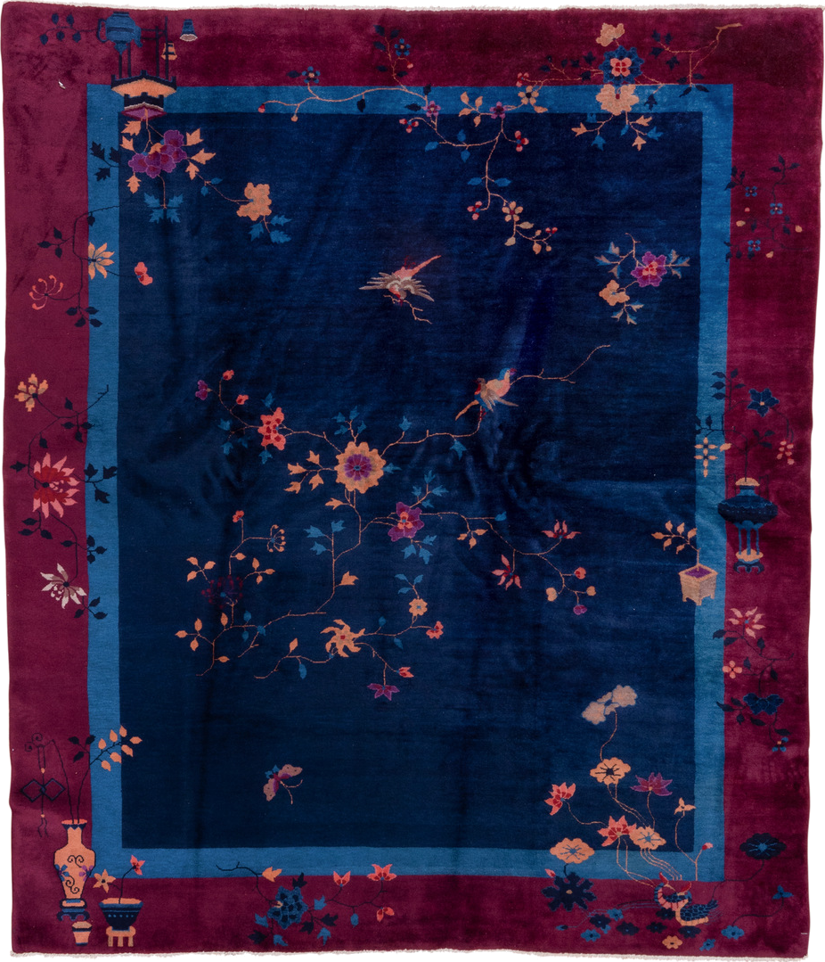 8' x 9' one-of-a-kind handmade antique Chinese rug. Color palette: navy, plum, sky_blue, peach, rose, indigo, ivory, blue