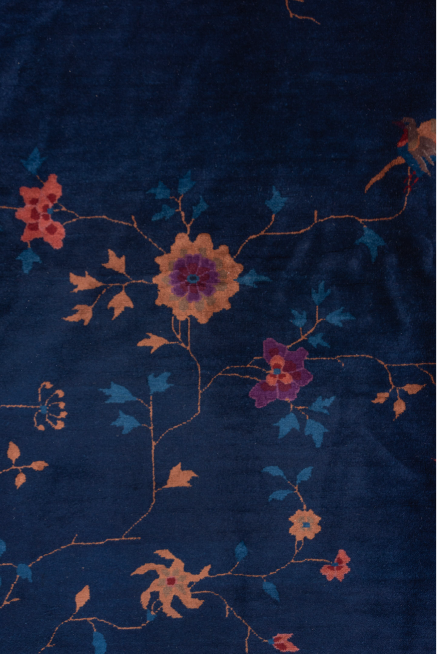 8' x 9' one-of-a-kind handmade antique Chinese rug. Color palette: navy, plum, sky_blue, peach, rose, indigo, ivory, blue