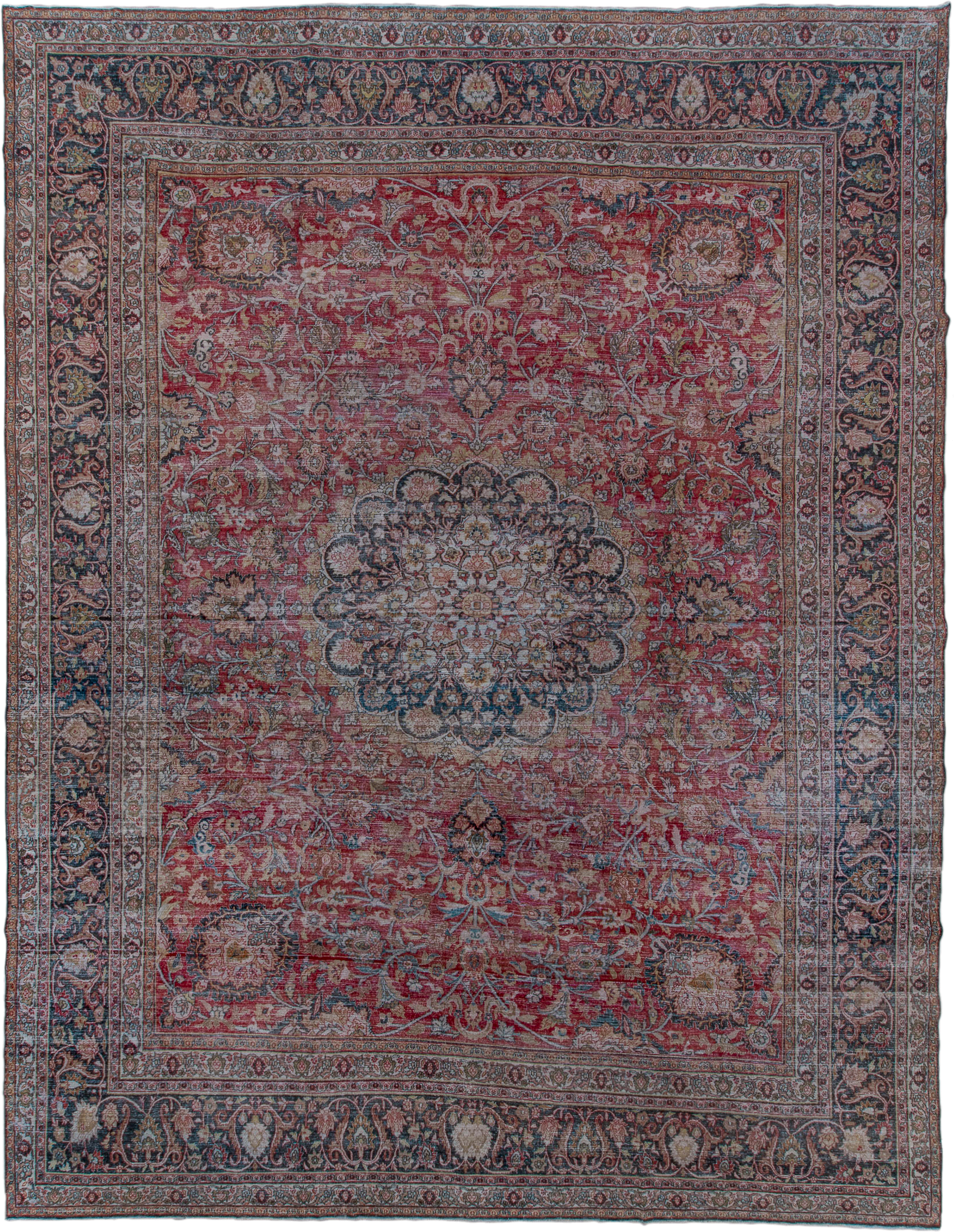 13' x 17' one-of-a-kind handmade antique Khorassan oversize rug. Color palette: red, navy, ivory, rose, slate, taupe, camel