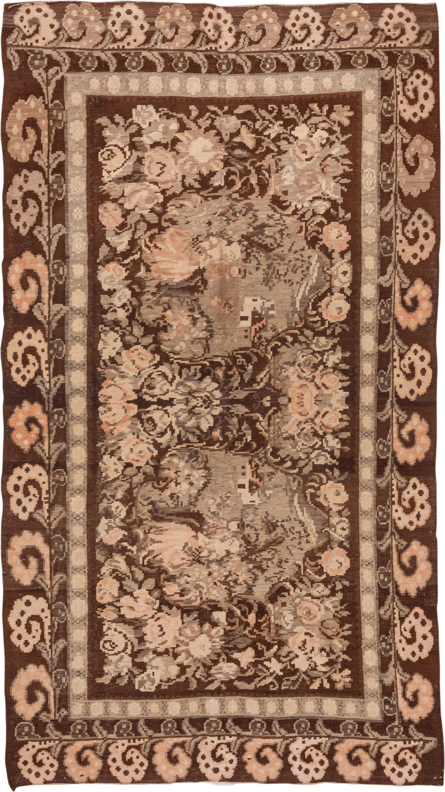 5' x 10' one-of-a-kind handmade antique Kilim medium size rug. Color palette: brown, taupe, ivory, blush, beige, charcoal