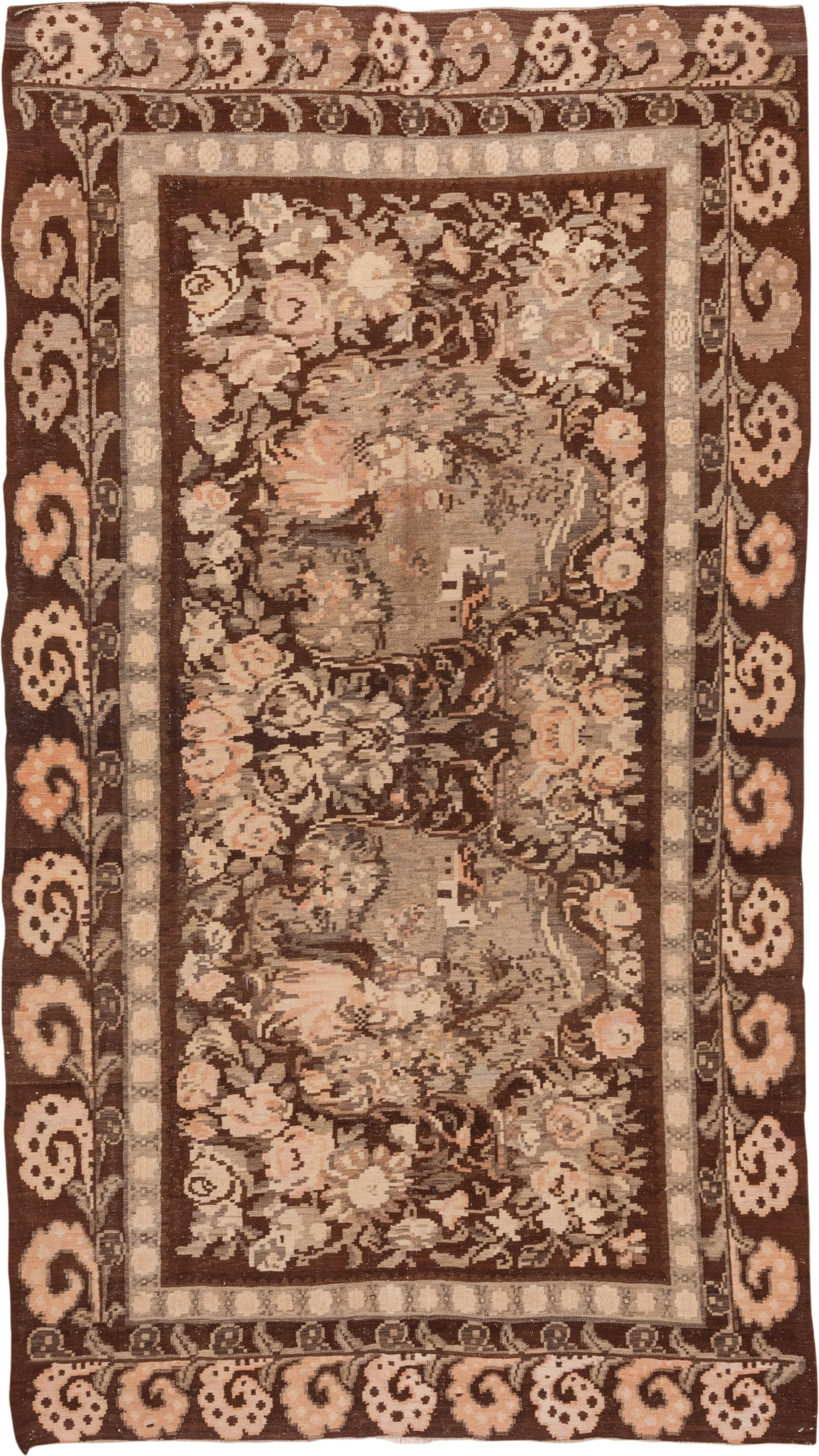 5' x 10' one-of-a-kind handmade antique Kilim medium size rug. Color palette: brown, taupe, ivory, blush, beige, charcoal