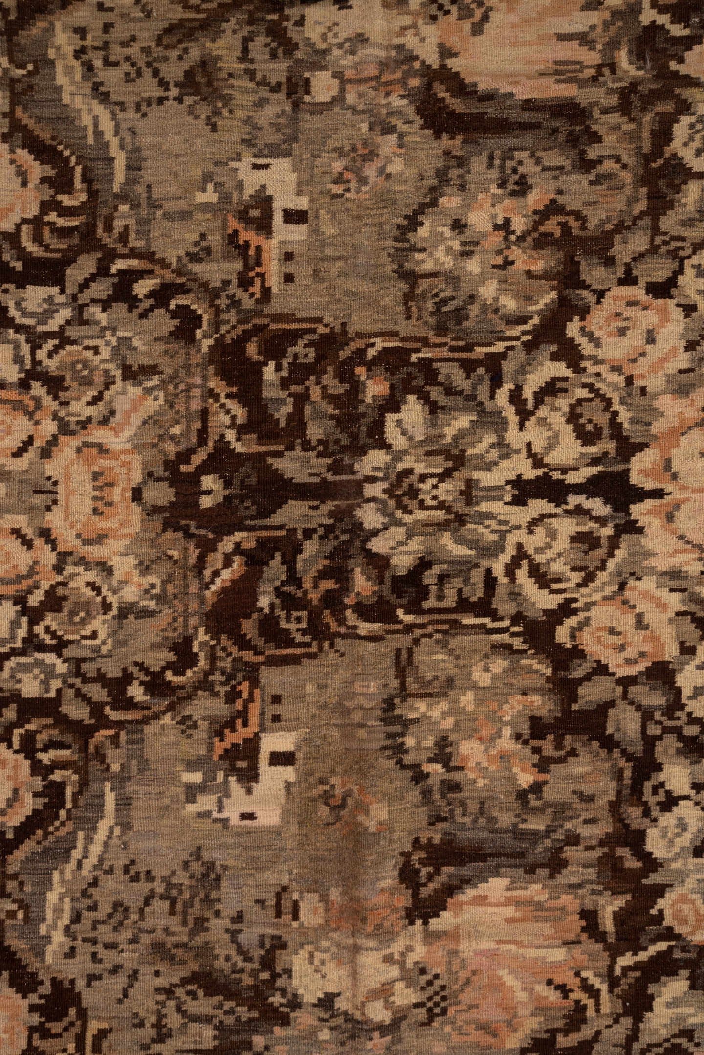 5' x 10' one-of-a-kind handmade antique Kilim medium size rug. Color palette: brown, taupe, ivory, blush, beige, charcoal