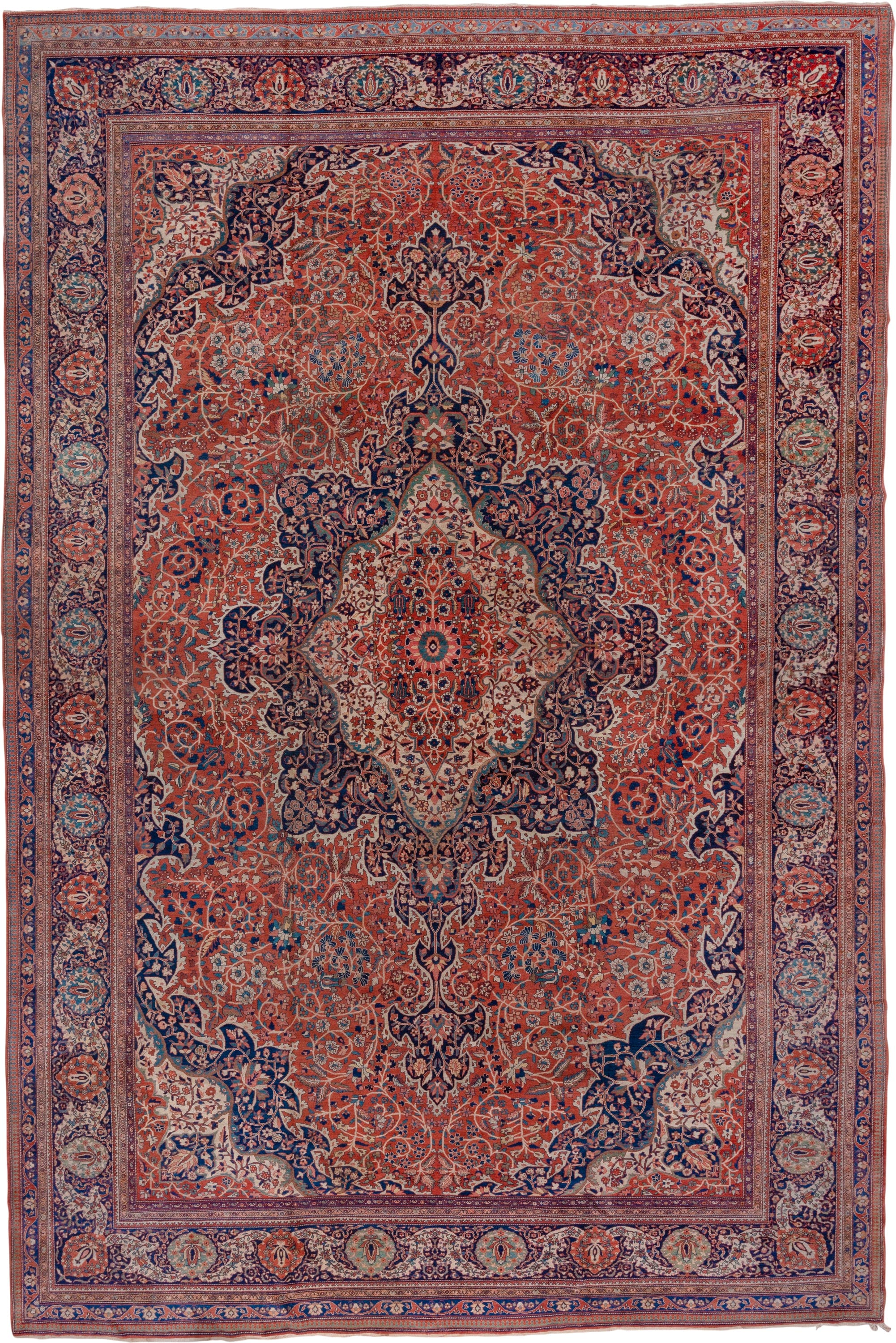 13' x 20' one-of-a-kind handmade antique Far.Sarouk oversize rug. Color palette: rust, navy, ivory, sky_blue, rose