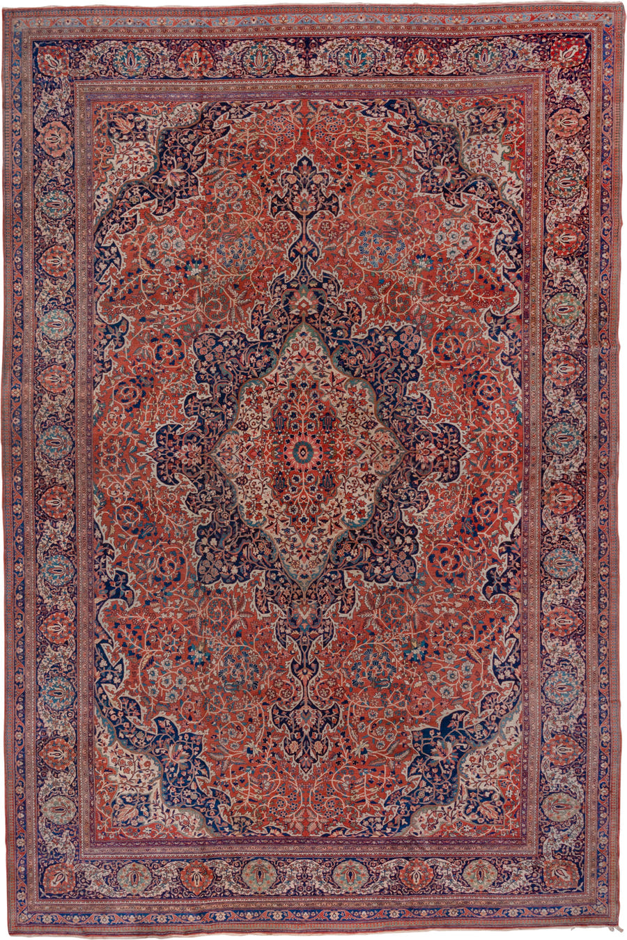 13' x 20' one-of-a-kind handmade antique Far.Sarouk oversize rug. Color palette: rust, navy, ivory, sky_blue, rose