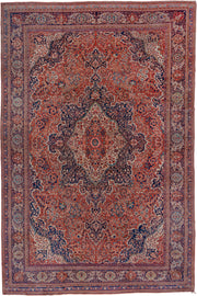 13' x 20' one-of-a-kind handmade antique Far.Sarouk oversize rug. Color palette: rust, navy, ivory, sky_blue, rose