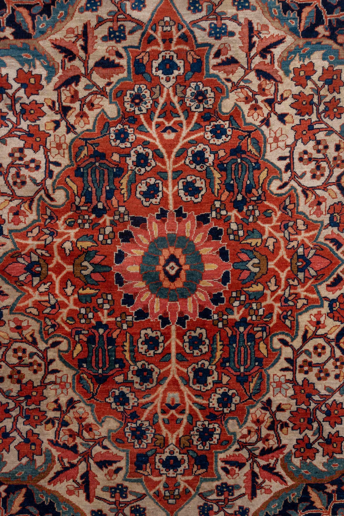 13' x 20' one-of-a-kind handmade antique Far.Sarouk oversize rug. Color palette: rust, navy, ivory, sky_blue, rose