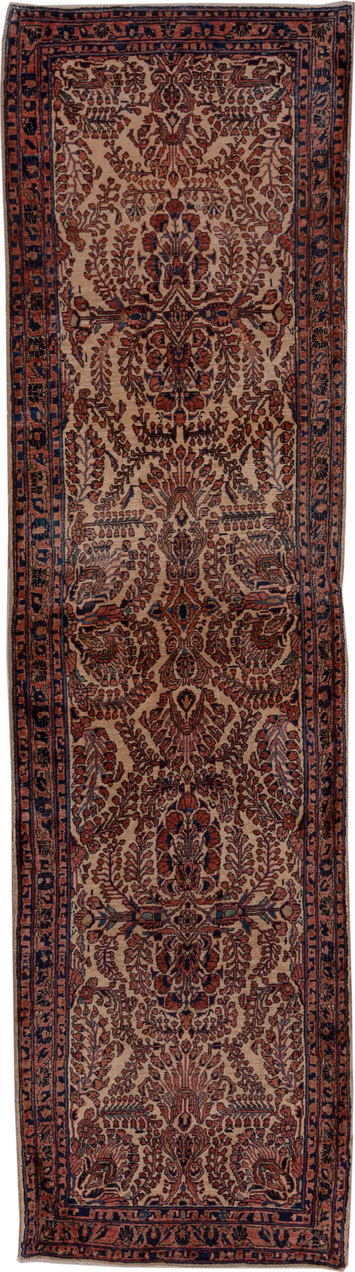 2' x 10' one-of-a-kind handmade antique Sarouk runner rug. Color palette: ivory, navy, rust, camel, burgundy, blue