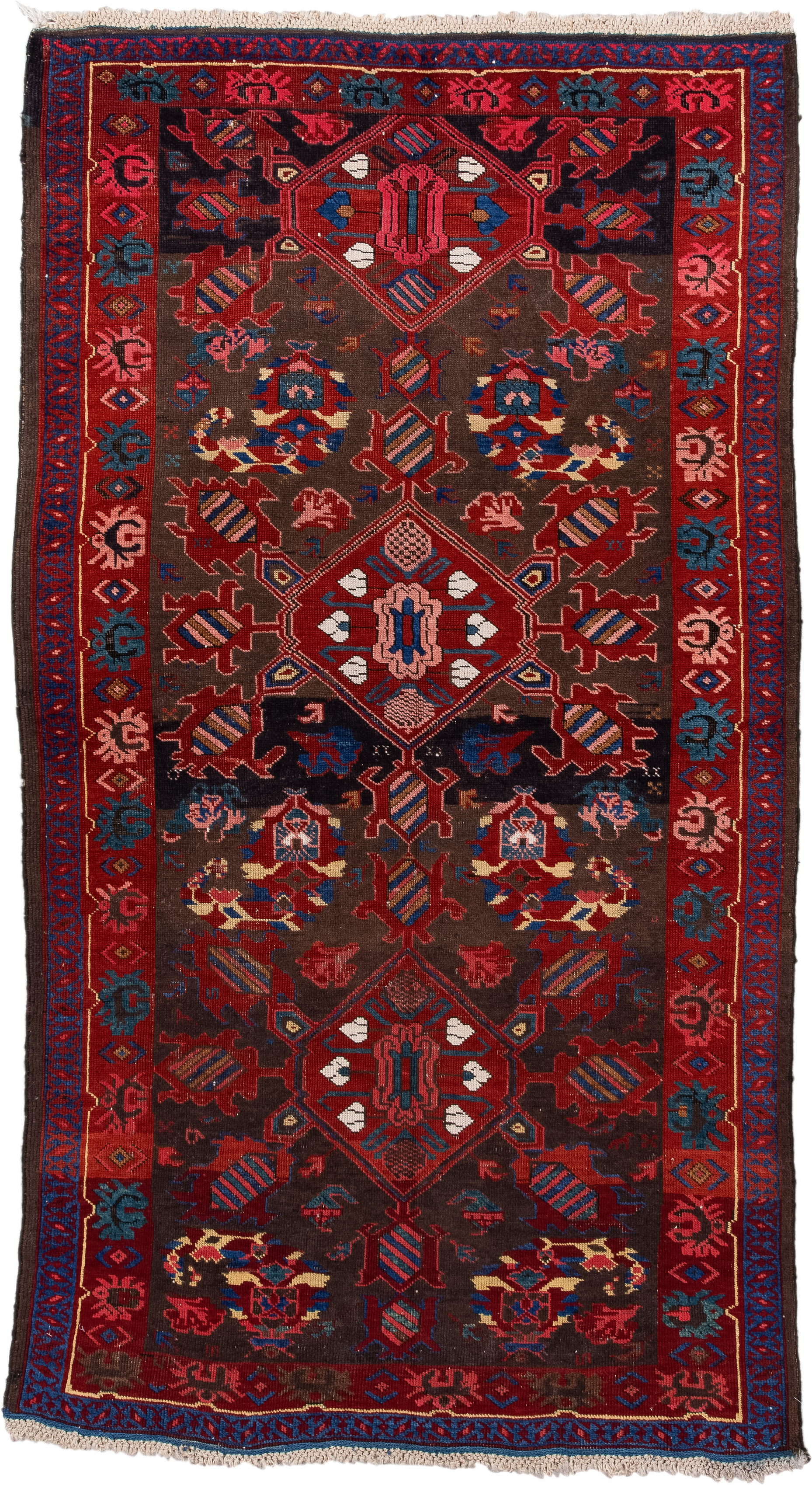 3' x 6' one-of-a-kind handmade vintage Zeichur small size rug. Color palette: brown, red, blue, crimson, ivory, pink