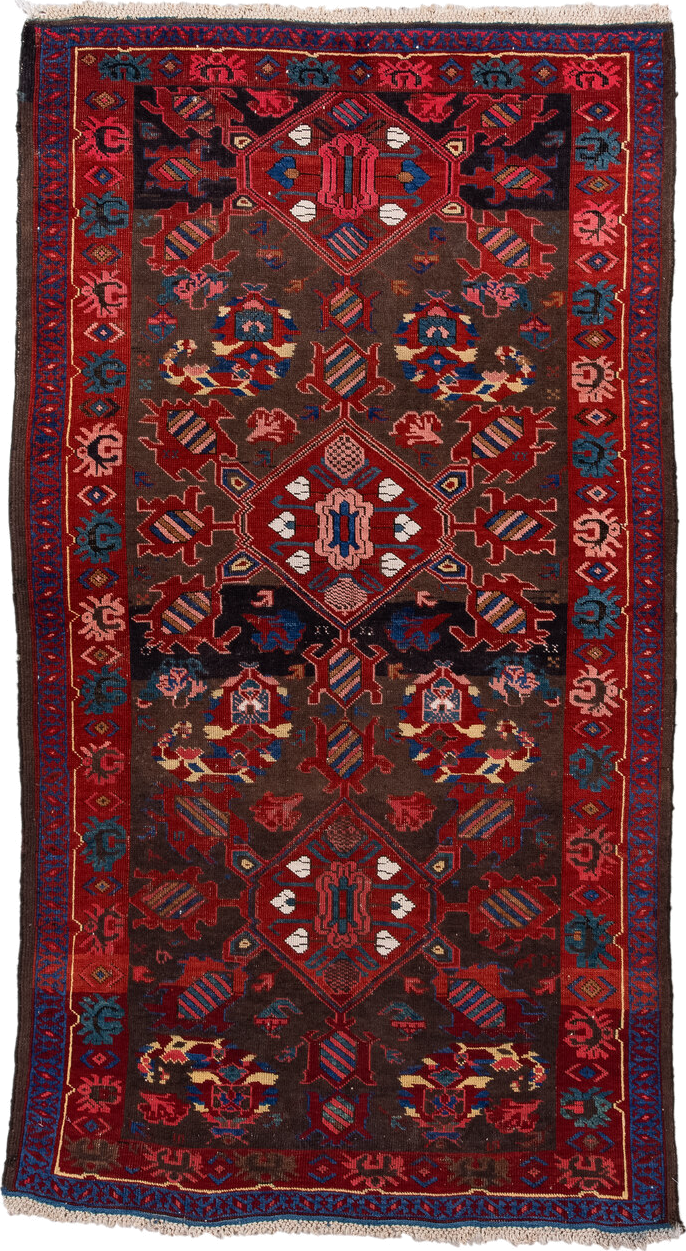 3' x 6' one-of-a-kind handmade vintage Zeichur small size rug. Color palette: brown, red, blue, crimson, ivory, pink