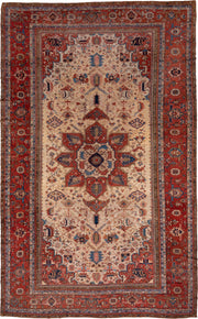 12' x 18' one-of-a-kind handmade antique Serapi oversize rug. Color palette: ivory, rust, brick red, indigo, sky blue, camel