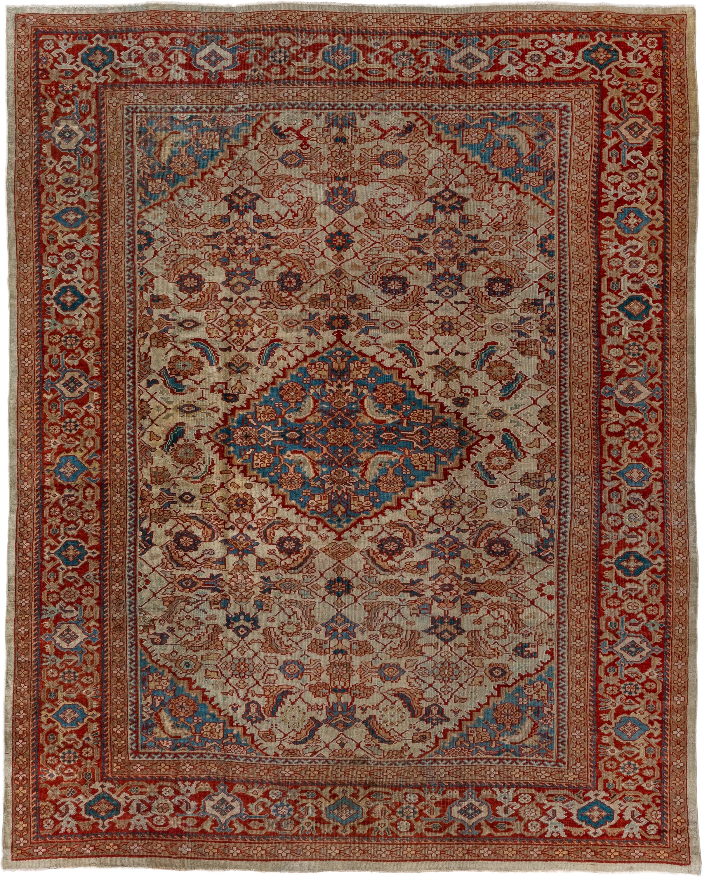 8' x 10' one-of-a-kind handmade antique Sultanabad large size rug. Color palette: ivory, rust, sky_blue, brick, camel
