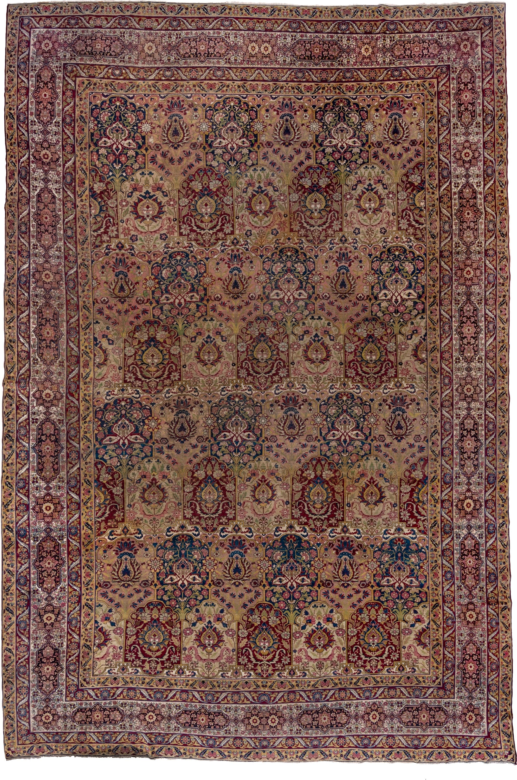 11' x 17' one-of-a-kind handmade antique Lavar oversize rug. Color palette: camel, burgundy, navy, ivory, rose, gold, sage