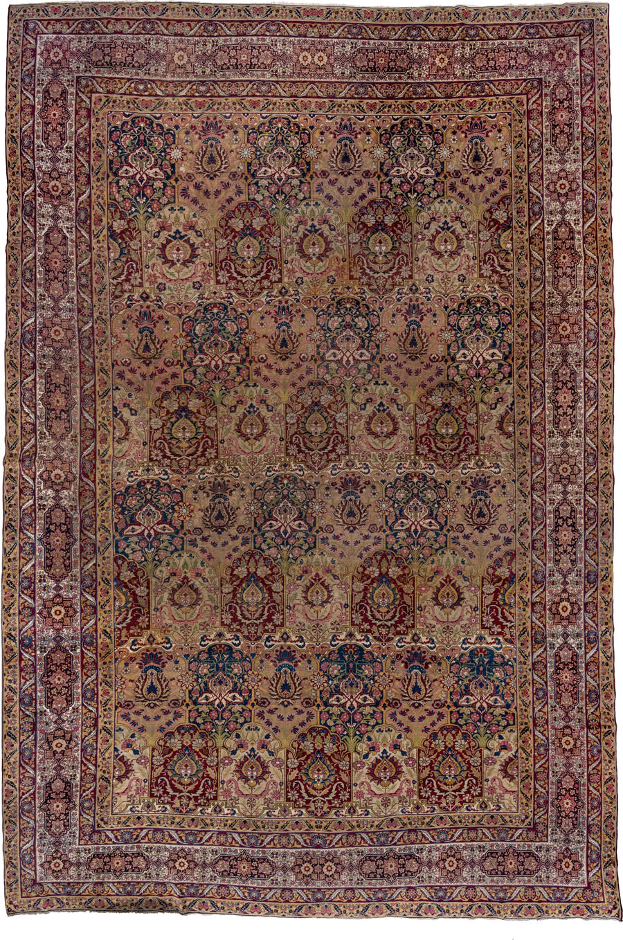 11' x 17' one-of-a-kind handmade antique Lavar oversize rug. Color palette: camel, burgundy, navy, ivory, rose, gold, sage