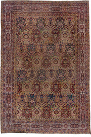 11' x 17' one-of-a-kind handmade antique Lavar oversize rug. Color palette: camel, burgundy, navy, ivory, rose, gold, sage