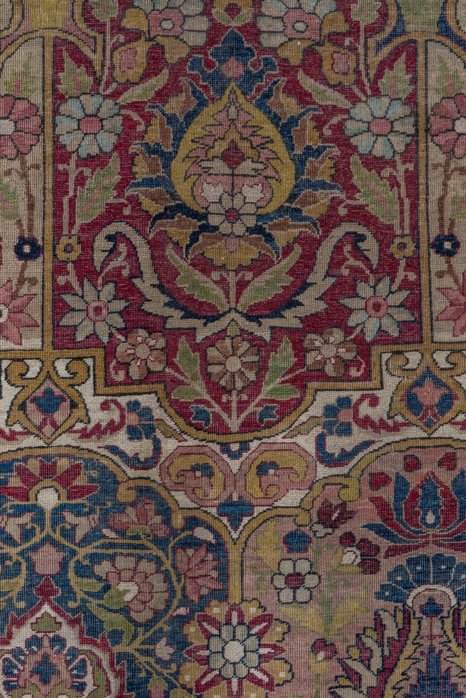 11' x 17' one-of-a-kind handmade antique Lavar oversize rug. Color palette: camel, burgundy, navy, ivory, rose, gold, sage
