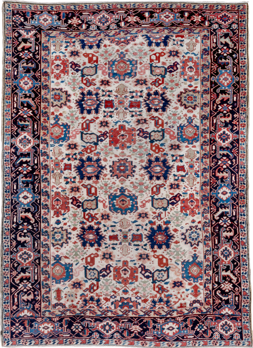 7' x 10' one-of-a-kind handmade vintage Heriz large size rug. Color palette: black, blue, brown, gainsboro, gray, light gray