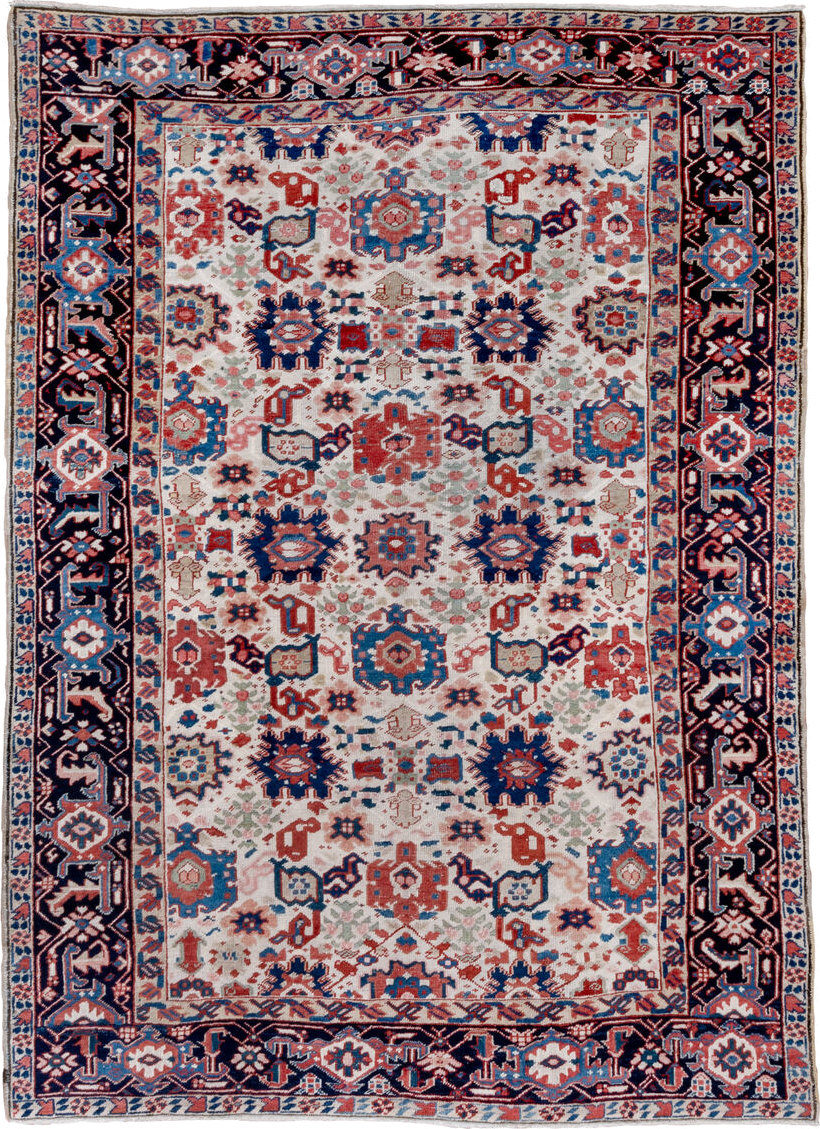 7' x 10' one-of-a-kind handmade antique Heriz large size rug. Color palette: ivory, navy, sky blue, rust, blush, crimson