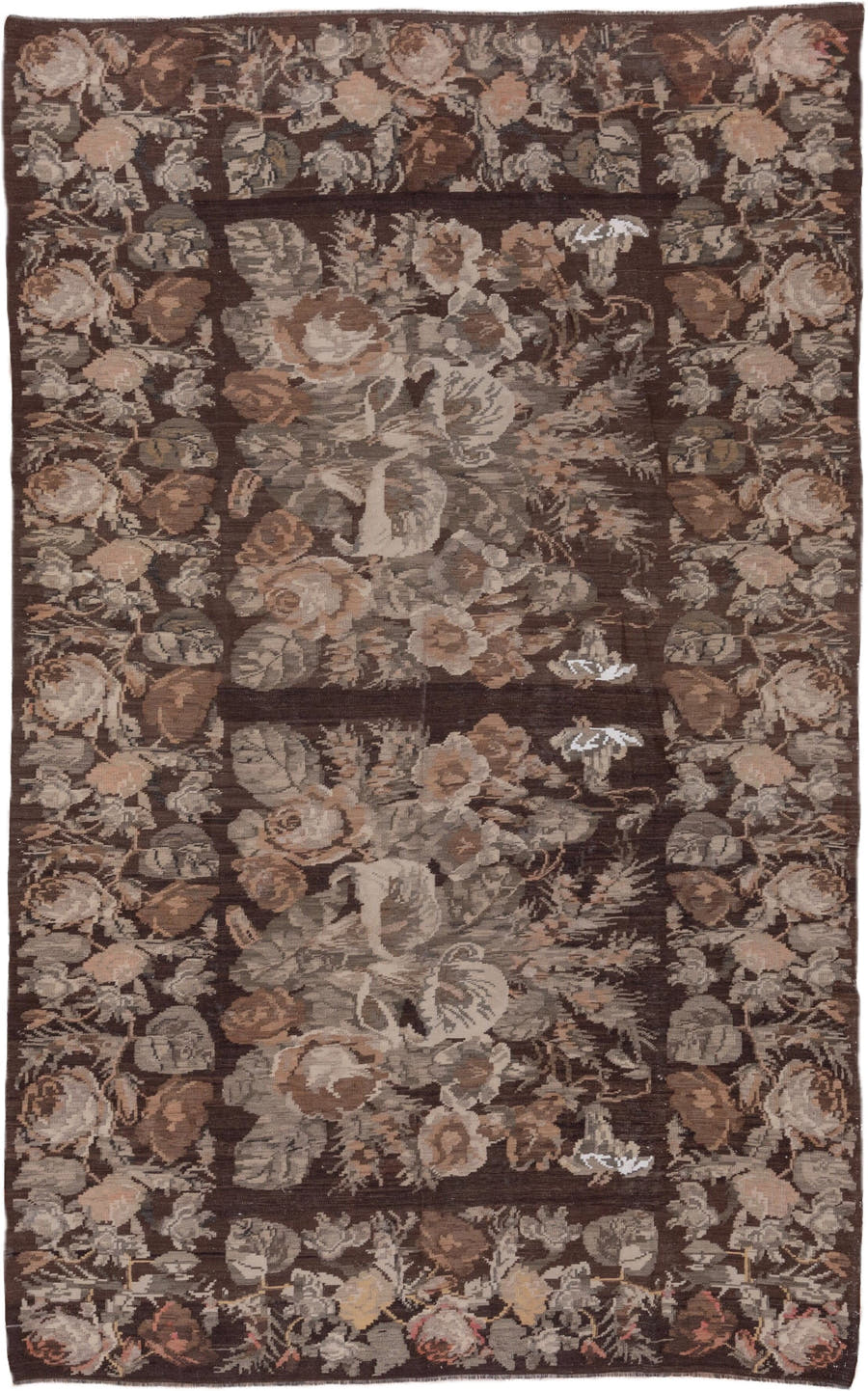 7' x 12' one-of-a-kind handmade antique Kilim large size rug. Color palette: brown, taupe, gray, ivory, rose, camel, beige