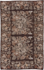 7' x 12' one-of-a-kind handmade antique Kilim large size rug. Color palette: brown, taupe, gray, ivory, rose, camel, beige