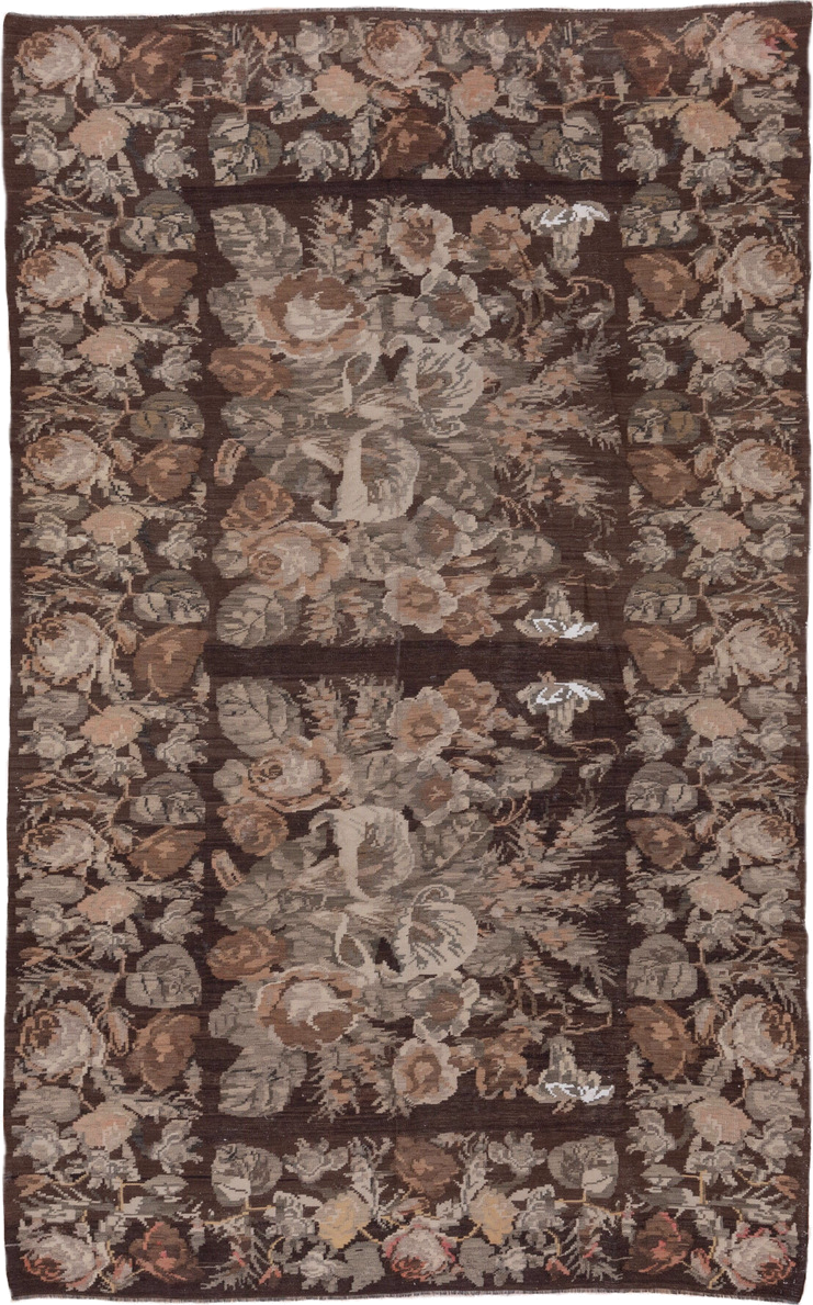 7' x 12' one-of-a-kind handmade antique Kilim large size rug. Color palette: brown, taupe, gray, ivory, rose, camel, beige