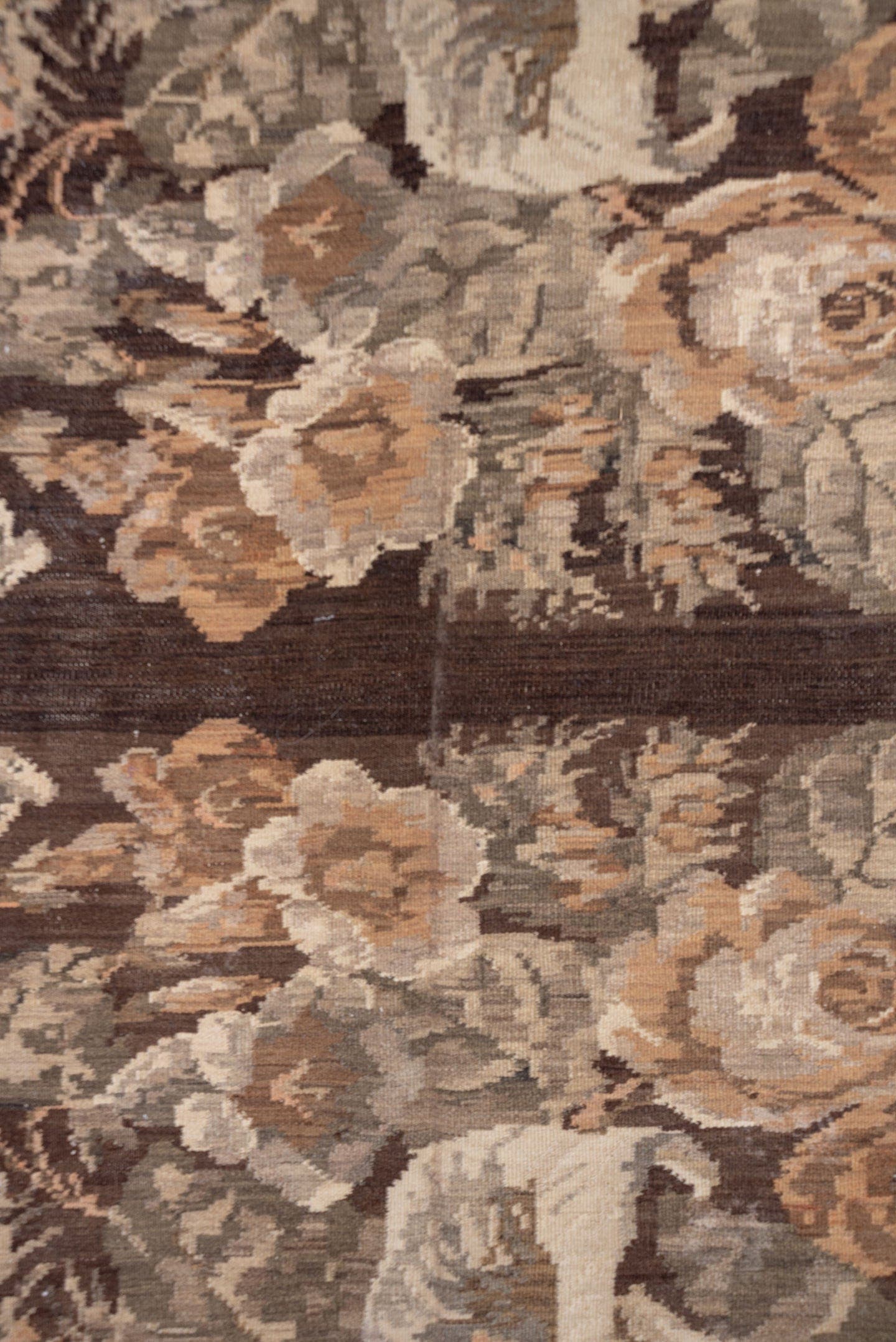 7' x 12' one-of-a-kind handmade antique Kilim large size rug. Color palette: brown, taupe, gray, ivory, rose, camel, beige