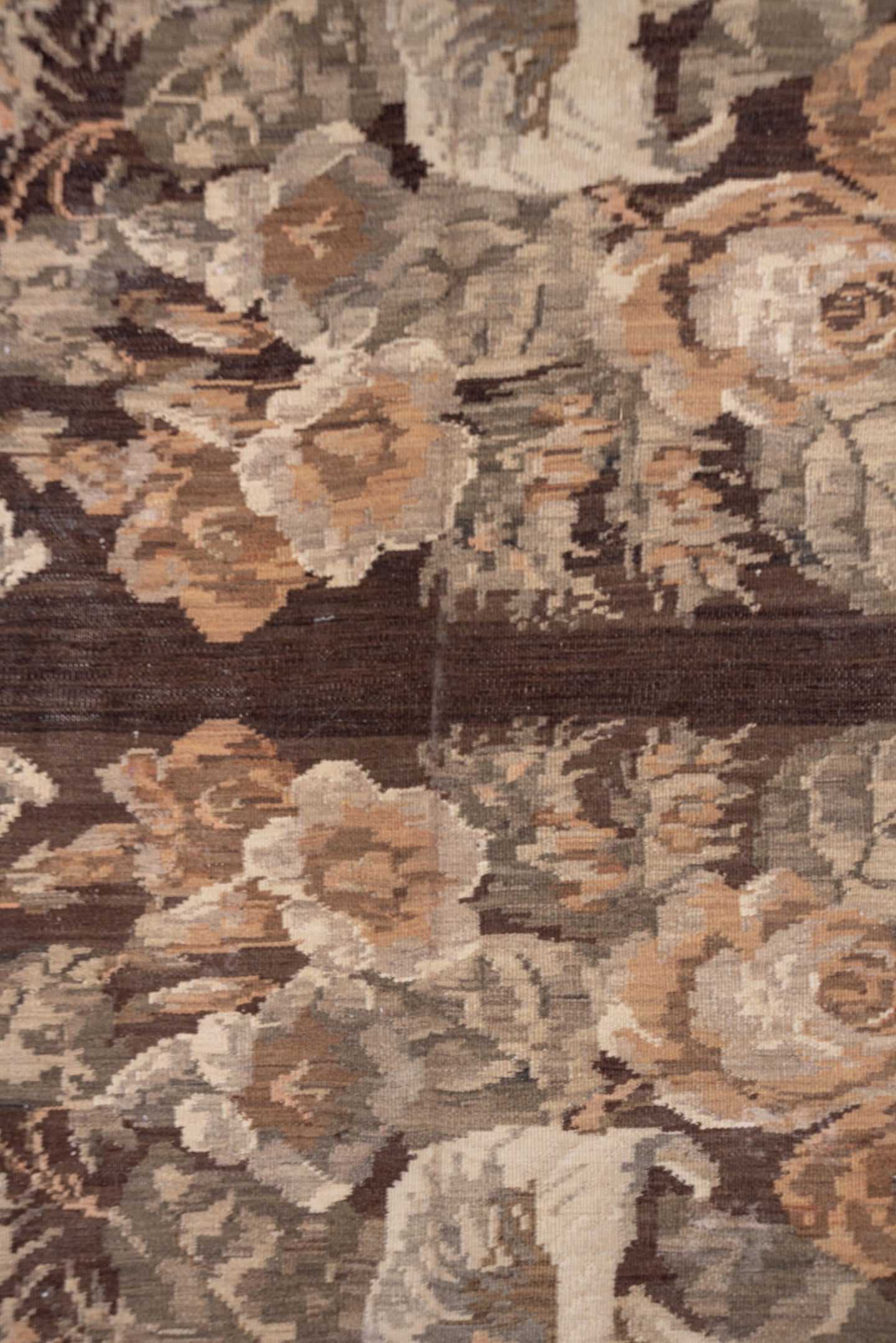 7' x 12' one-of-a-kind handmade antique Kilim large size rug. Color palette: brown, taupe, gray, ivory, rose, camel, beige