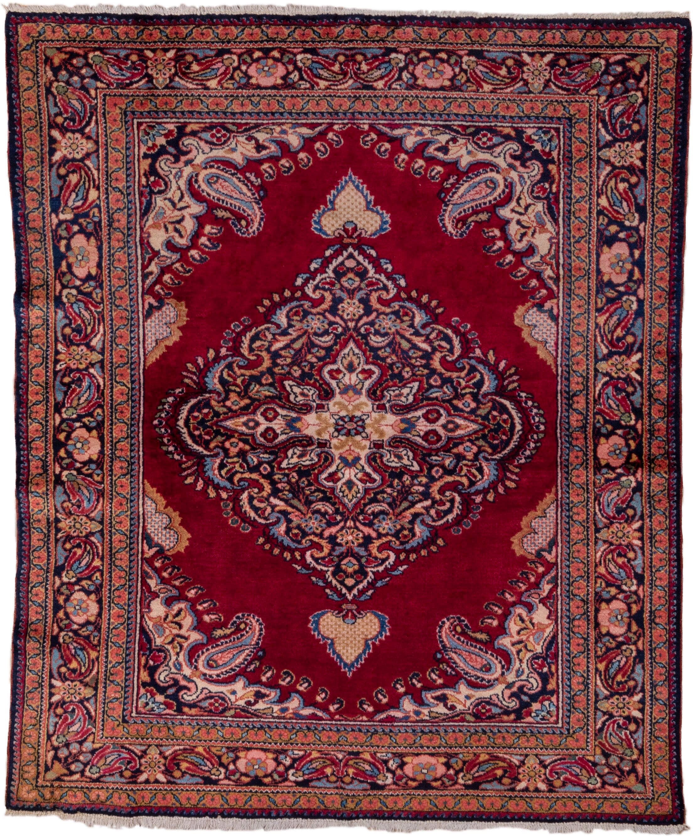 5' x 6' one-of-a-kind handmade vintage Lilian rug. Color palette: crimson, navy, ivory, rose, camel, sky_blue, burgundy, red