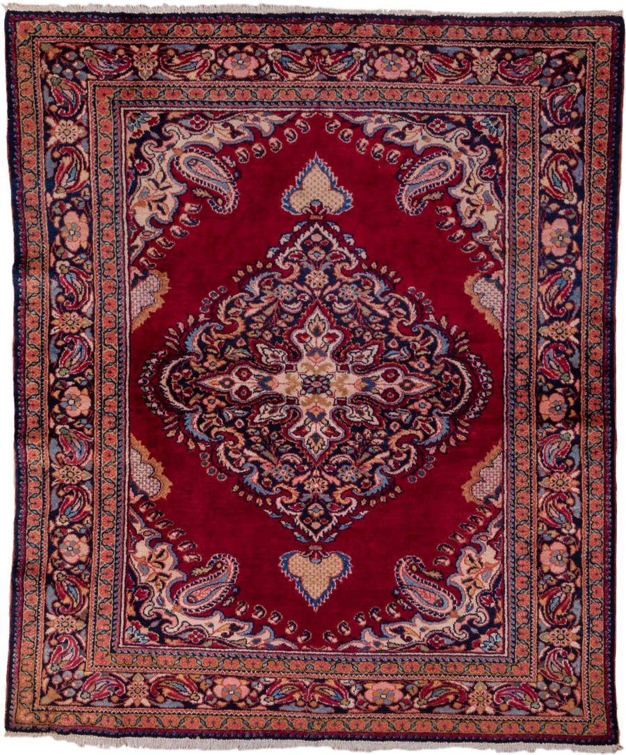 5' x 6' one-of-a-kind handmade vintage Lilian rug. Color palette: crimson, navy, ivory, rose, camel, sky_blue, burgundy, red