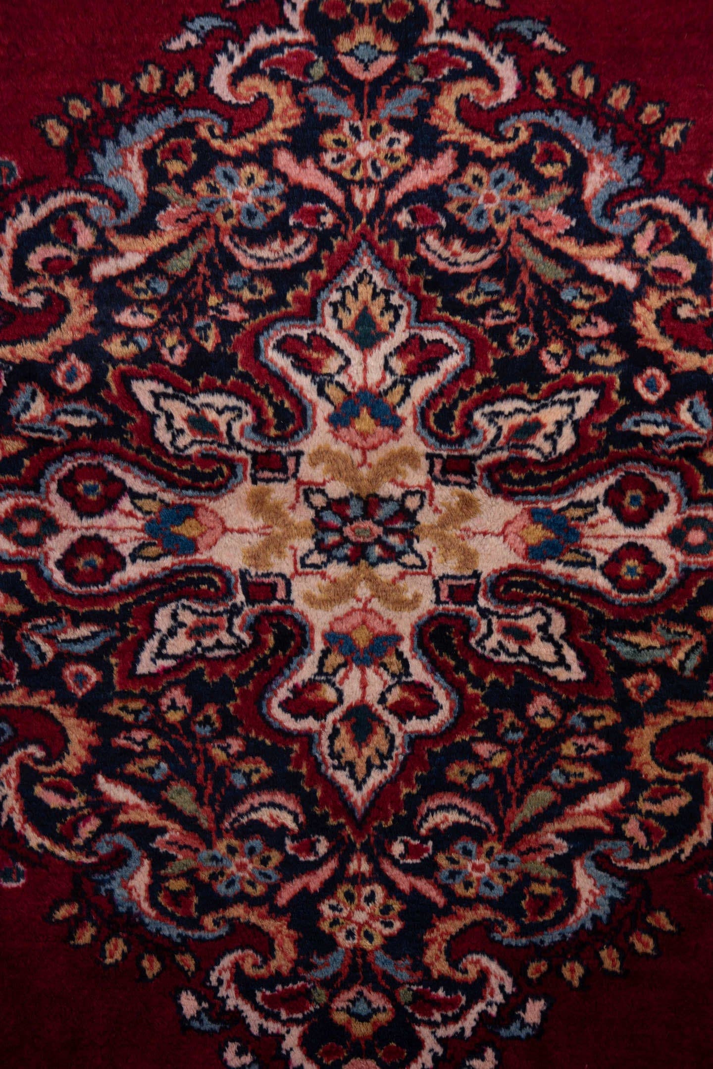 5' x 6' one-of-a-kind handmade vintage Lilian rug. Color palette: crimson, navy, ivory, rose, camel, sky_blue, burgundy, red