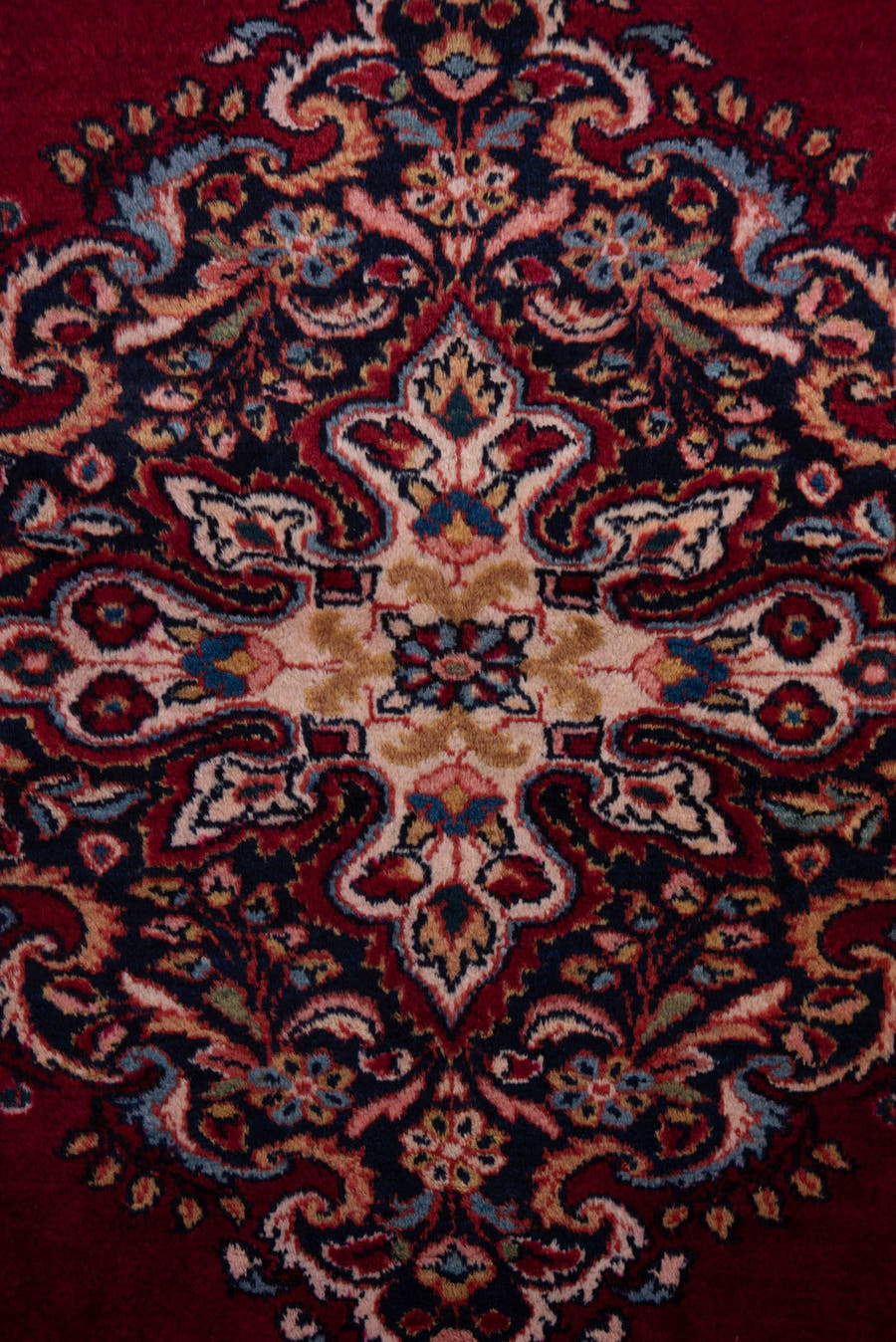 5' x 6' one-of-a-kind handmade vintage Lilian rug. Color palette: crimson, navy, ivory, rose, camel, sky_blue, burgundy, red